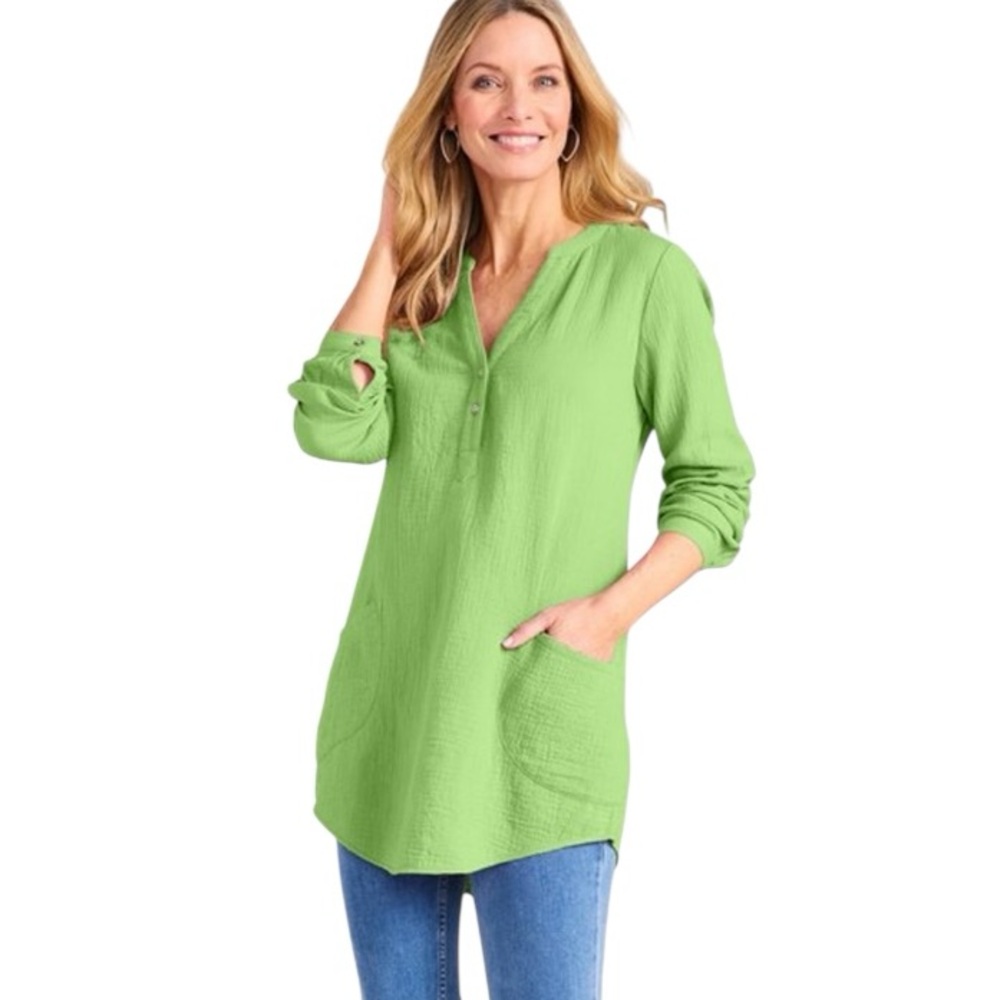 Soft Surroundings Santorini Gauze Front Pocket Long Sleeve Green Pullover